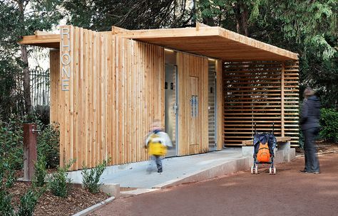 Gallery - Public Toilets in the Tête d'Or Park / Jacky Suchail Architects - 3 Public Washroom, Bus Stop Design, Yakushima, Outdoor Toilet, Restroom Design, Public Bathrooms, Public Architecture, Wooden Structure, Public Restroom