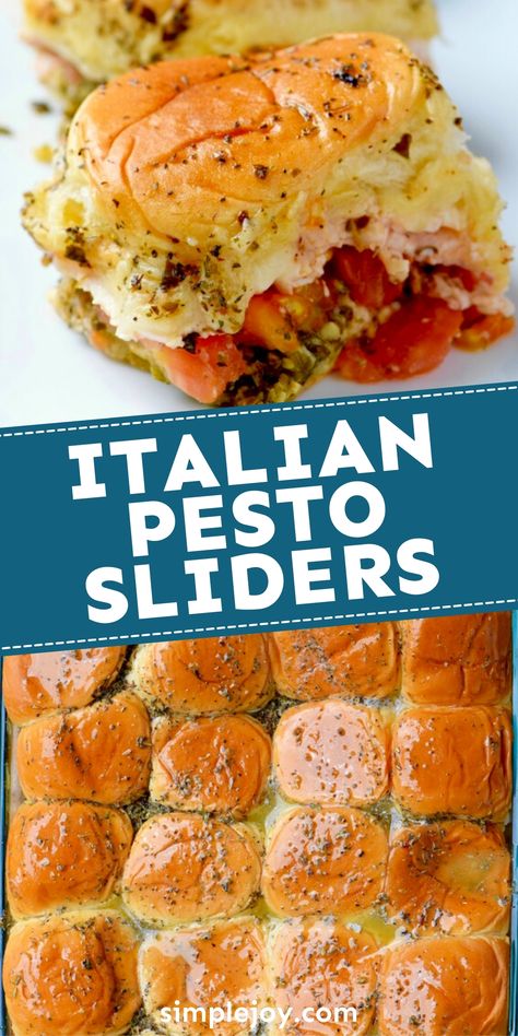 Chicken Pesto Sliders Recipes, Italian Food Birthday Party, Italian Potluck Ideas Appetizers, Pesto Sliders Recipes Hawaiian Rolls, Easy Italian Recipes For A Crowd, Turkey Pesto Sliders, Veggie Sliders Recipes, Party Food Buffet Ideas Dinners, Slider Party Buffet