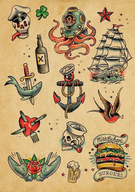 235+ Remarkable Pirate Tattoos Ideas For Men and Women (2022) - TattoosBoyGirl Traditional Nautical Tattoo, Traditional Sailor Tattoos, Flash Art Tattoos, Sailor Jerry Tattoo Flash, Tato Tradisional, Miss Behave, Traditional Tattoo Old School, Sailor Tattoos, Medusa Tattoo Design