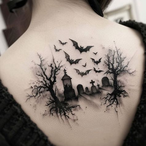 Halloween Tattoo Sleeves For Women, Graveyard Back Tattoo, Halloween Bat Tattoo Ideas, Witch Lady Head Tattoo, The Craft Tattoo Ideas Movie, Halloween Scene Tattoo, Spooky Filler Tattoo Ideas, Halloween Spine Tattoo, Zombie Pin Up Tattoo