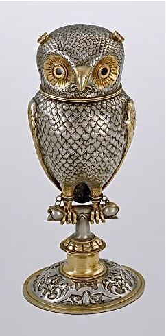 Screech owl goblet  Jakob Christoph Mentzinger, Basle, ca. 1600  Silver, cast, embossed, chased, punched, engraved, parcel gilt, height 20.7 cm Awesome Owls, Screech Owl, Owl Collection, Hoot Owl, Beautiful Owl, Silver Owl, Wise Owl, Vintage Owl, Owl Art