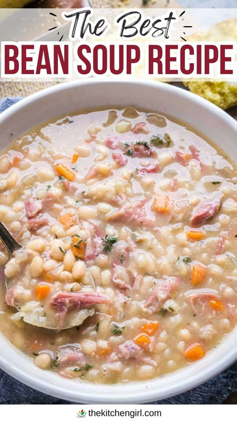 image of ham and bean soup in white bowl with spoon. Title text: The Best Bean Soup Recipe Ham And Bean Soup Recipes Old Fashioned, Best Bean Soup, Ham And Beans Recipe, White Bean Ham Soup, Bean Ham Soup, White Bean And Ham Soup, Old Fashioned Ham, White Bean And Ham, Ham Hock Soup