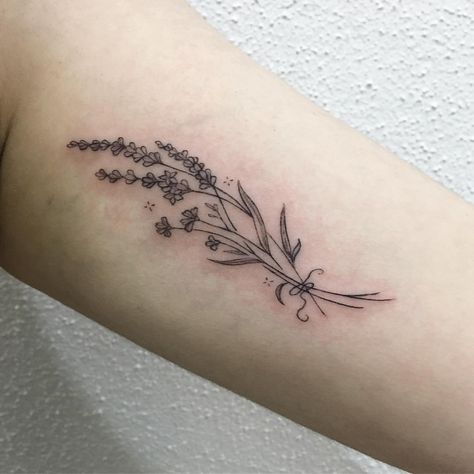 Forearm Lavender Tattoo, Lavender Tattoo Design Black And White, Lilac Tattoo Design Black And White, Lavender Bunch Tattoo, Lavender Hip Tattoo, Lavender Bundle Tattoo, Simple Lavender Tattoo, Lavender Sprigs Tattoo, Lavender Plant Tattoo