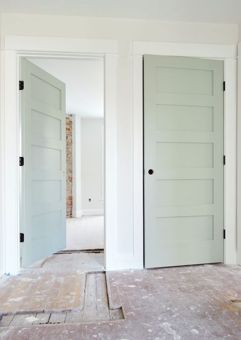 Exciting Developments At The Duplex | Young House Love Sherwin Williams Oyster Bay, Paint Doors Interior, Oyster Bay Sherwin Williams, Pewter Trim, Interior Door Colors, Light Floors, Painted Interior Doors, Hallway Colours, Painted Door