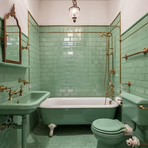 Charming Mint Green Vintage-Style House💖💚💚 Mint Metro Tiles Bathroom, Mint Shower Tile, Seafoam Green Bathroom Ideas, Mint Blue Bathroom, Aqua Bathroom Ideas, Mint Green Interior Design, Mint Green Living Room Ideas, Green Vintage Bathroom, Green Tile Bathroom Vintage