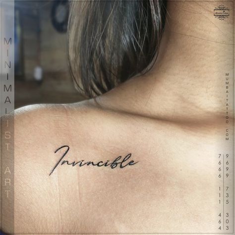 Invincible tattoo minimalist design small tattoo near collar bone done by big guys at Mumbai tattoo piercing shop Mumbai #9699735303 #mumbaitattoo #tattooshop #smalltattoo #tattoostudio #mumbaitattooshop #mumbaitattoostudio #tattooart #tattooz #invincible #invincibletattoo #collarbonetattoo #girl #girlswithtattoos #girlwithpower #mumbai #marinelines #metrocinema #sunlightbar #maohotel #brandfactory #besttattooartist #sister Tattoo Designs Collar Bone For Women, Collar Bone Tattoo Name Fonts, One Word Collar Bone Tattoo, Tattoo Designs For Collar Bone, Word Tattoos Collar Bone, Collar Bone Word Tattoos For Women, Invincible Tattoo Words, Invincible Tattoo Design, Tattoo Designs On Collar Bone