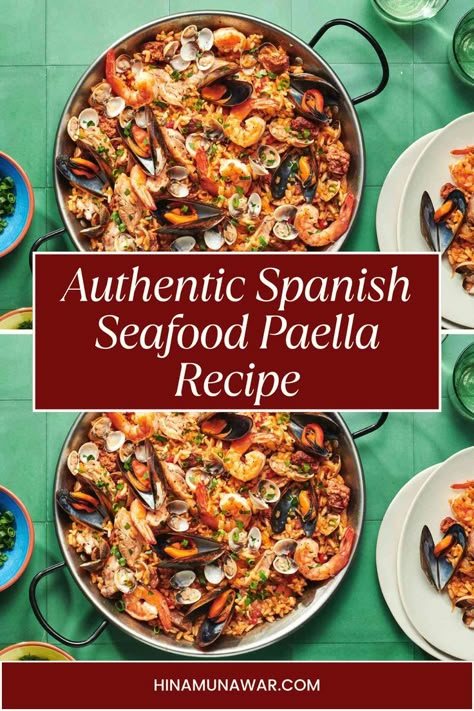 Authentic Spanish Seafood Paella recipe Paella Recipe Authentic Spain, Pialla Recipes Seafood, Authentic Spanish Paella, Seafood Paella Recipe Authentic Spain, Authentic Paella Recipe, Traditional Paella Recipe, Spanish Seafood Recipes, Seafood Paella Recipe Authentic, Portuguese Paella Recipe