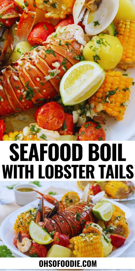 Text reads seafood boil with lobster tails Shrimp Crab Lobster Recipes, Lobster Seafood Boil, Lobster Tail Boil, Crab Lobster Shrimp Boil, Ultimate Seafood Boil, Slow Cooker Seafood Boil, Seafood Boil In Oven, How To Cook Lobster Tails Boil, How To Boil Lobster