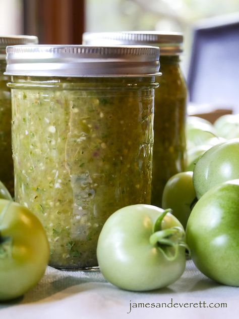 Green Tomato Salsa ~ Salsa Verde – James & Everett Green Tomato Salsa Canning, Spicy Green Salsa, Salsa Verde Canning Recipe, Tomato Salsa Canning, Salsa For Canning, Canning Green Tomatoes, Green Salsa Recipe, Freezer Jams, Green Tomato Salsa