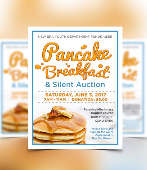 New Era Youth Dept Pancake Breakfast Fundraiser flyer design on Behance Pancake Breakfast Fundraiser, Youth Group Fundraisers, Silent Auction Fundraiser, Food Truck Events, Charity Work Ideas, Fun Fundraisers, Church Fundraisers, Fundraising Activities, Pancake Breakfast