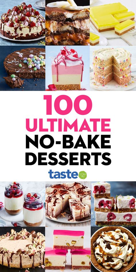 From easy cheesecakes to cheat’s cakes, frozen winners to best-ever slices, we’ve got all the lazy no-bake sweet recipes you need. #baking #dessert #sweets #cake #australia #australian #australianrecipes Non Cook Desserts Easy Recipes, Meal Train Desserts, Easy Non Bake Desserts, Really Good Desserts, Non Bake Dessert, Sweet Ideas Desserts, Cheat Desserts, No Bake Sweets, Sweet Baking Recipes