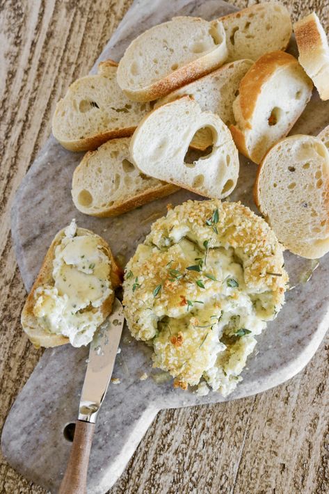 Crispy Baked Boursin - Layers of Happiness Panko Crusted Boursin Cheese, Baked Boursin Appetizer, Crispy Baked Boursin Cheese, Baked Borsine Cheese, Crispy Boursin Cheese, Air Fryer Boursin Cheese, Baked Boursin Cheese Dip, Borsine Cheese Dip, Crispy Baked Boursin With Spicy Honey