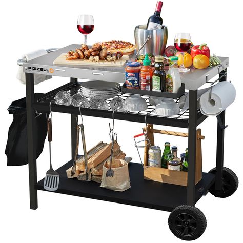 PRICES MAY VARY. Heavy Duty - PIZZELLO three-shelf outdoor garden cart is made of durable stainless steel, two metal legs and two directional wheels are designed to provide maximum stability while meeting the mobility. Large Capacity - The grill cart three-tier shelf structure provides rich space, it fits Blackstone 17"/22" Griddle, Ninja grill, ooni pizza ovens, Table Top Grill, Camping Stove Propane and other sizes up to W33.5" X 20.5" (Front to Back). Additional storage space can store foods, Pizza Oven Stand, Outdoor Grill Cart, Outdoor Cooking Station, Oven Stand, Bbq Equipment, Garbage Bag Holder, Grill Cart, Grill Table, Tier Shelf