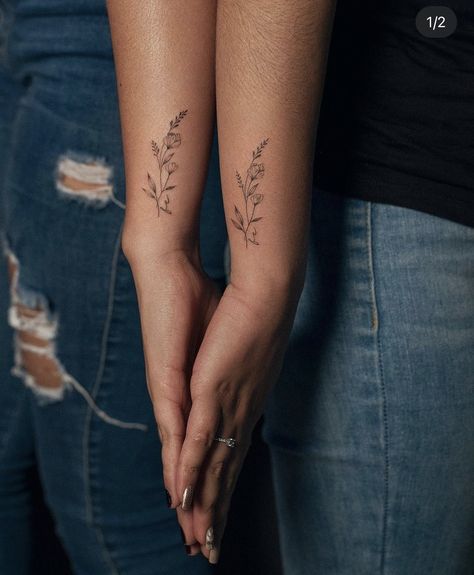 Single Flower Forearm Tattoo, September Bouquet Tattoo, Side Of The Arm Tattoo Women, Flower Tattoo Around Arm, Women Fine Line Tattoo, Tattoos On Freckled Skin, Tattoo Wild Flowers, Matching Floral Tattoos, Tattoo Asthetic Picture