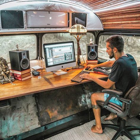 Small Music Studio, School Bus Camper, Future Office, Podcast Studio, School Bus Conversion, Pro Tools, Bus Camper, Travel Music, Pc Setup