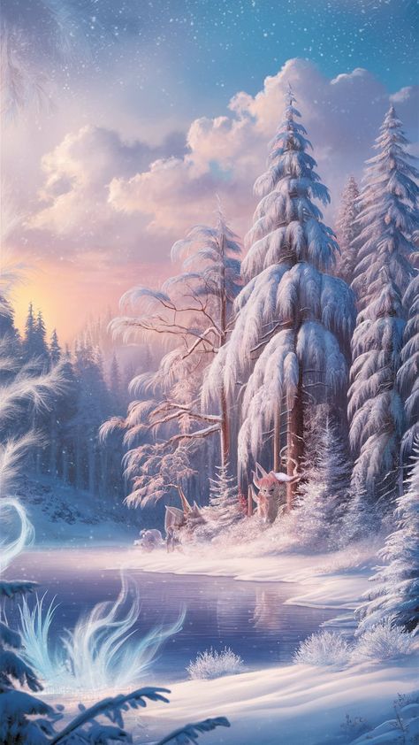 Immerse yourself in this enchanting winter landscape inspired by aespa. A snowy forest with towering pines and gently falling snowflakes creates a serene atmosphere. The frozen lake reflects the pastel sunset, while magical wisps of mist and mythical creatures add a touch of fantasy. Perfect for winter wallpaper, this tranquil scene invites elegance and charm into your space. #WinterWallpaper #Aespa #FantasyArt Enchanted Snow Forest, Magic Winter Forest, Snowy Forest Reference, Frozen Fantasy Landscape, Fantasy Snowy Landscape, Fairy Moodboard, Winter Fae, Fantasy Snow, Kingdom Ideas