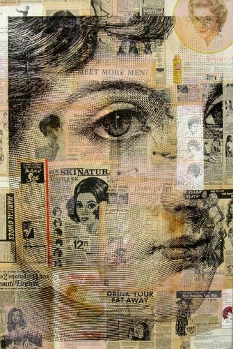 Basketball Newspaper, Michelle Caplan, Collage Portraits, Newspaper Collage, Collage Collage, Newspaper Clippings, Newspaper Art, Sepia Photography, Hur Man Målar