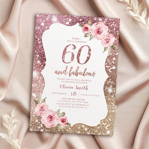 Sparkle rose gold glitter and floral 60th birthday invitation - tap, personalize, buy right now! #invitation #60 #and #fabulous, #60th #birthday, 65th Birthday Invitations, 75th Birthday Invitations, Elegant Birthday Invitations, Birthday Elegant, 90th Birthday Invitations, Surprise Birthday Invitations, 70th Birthday Invitations, 80th Birthday Invitations, Floral Birthday Invitations