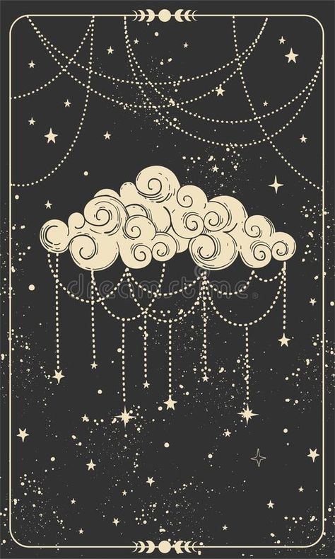 Tarot Card with Ornate Cloud. Magic Card, Boho Style Design, Witch Card, Prediction, Mystical Hand Symbol on Black Stock Vector - Illustration of moon, tattoo: 221176247 Tarot Card Clouds, Black Mystical Art, Witchy Design Aesthetic, Cloud Design Tattoo, Tarot Style Art, Tarot Card Illustration Design, Magic Design Illustration, Witch Aesthetic Illustration, Vintage Cloud Illustration