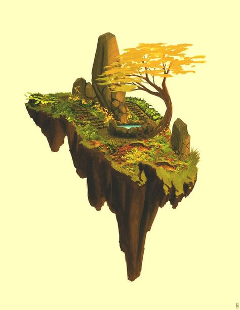 Kodama Tattoo, Floating Islands, Floating Island, Isometric Art, Landscape Concept, Low Poly Art, Game Concept Art, Matte Painting, Fantasy Art Landscapes