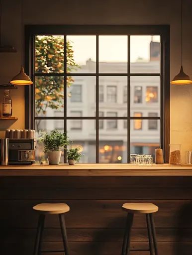 ↑↑↑ Larger size on website 🔸 The image shows a cozy coffee shop interior with a wooden counter and two stools. A large window wit Cozy Coffee Shop Interior, Coffee Shop Interior, Window With A View, Cozy Coffee Shop, Coffee Shops Interior, Wooden Counter, Cozy Coffee, Large Window, Shop Interior