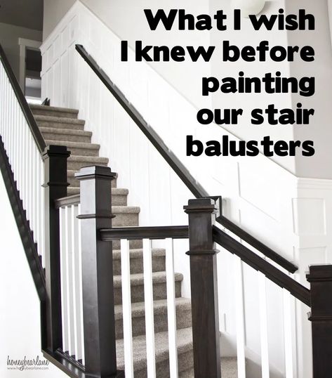 Black Painted Stairs, Painted Banister, Painted Stair Railings, Banister Remodel, Black Stair Railing, Diy Stairs Makeover, Stair Railing Makeover, Diy Stair Railing, Stairs Makeover Ideas