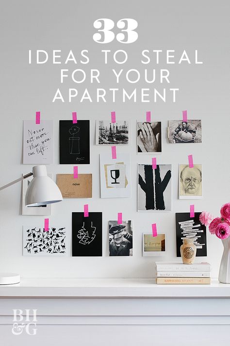 Small apartment decorating ideas on a budget require a little creativity and ingenuity, especially if you want your deposit back. Proving that temporary can be clever, this art display of black-and-white prints is installed with neon pink washi tape. Mixing almost-all-black prints with lighter fare brings depth to the casual arrangement. #decorating #homedecor #apartment #smallspace #renter #bhg Interior Decorating On A Budget, Temporary Home Decor, Temporary Apartment Decorating, Diy Apartment Wall Decor, White Wall Apartment Decorating, Rented Apartment Decorating On A Budget, Small Apartment Ideas On A Budget, Neon Interior Design, Rental Upgrades