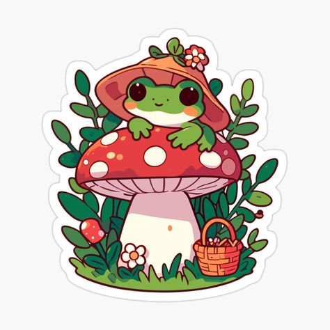 Get my art printed on awesome products. Support me at Redbubble #RBandME: https://www.redbubble.com/i/sticker/Frog-on-mushroom-cute-by-GlobalDesigns/153963561.EJUG5?asc=u #frog #cute #cottagecore #mushrooms #mushroom #cottagecorefrog #greenfrog #green #frogs #frogaesthetic #cottagecoreaesthetic #greenaesthetic #cutemushroom Cute Mushroom Design, Cute Sticker Design Ideas, Cute Frogs Art, Frog And Mushroom Art, Mushroom Art Cute, Cute Diy Stickers, Cute Sticker Designs, Stickers Mushrooms, Frogs And Mushrooms