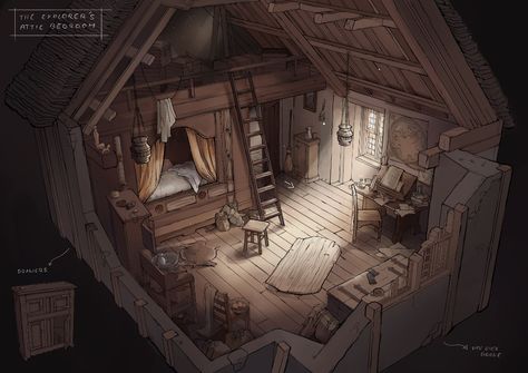 ArtStation - Medieval explorer - bedroom, Xenia Taufertshöfer Medieval Bedroom Ideas, Medieval Explorer, Medieval Apartment, Underground Bedroom, Bedroom Concept Art, Fantasy House Interior, Explorer Bedroom, Medieval Bedroom, Bedroom Concept