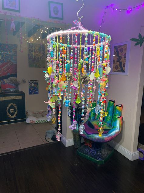 A Handmade Beaded Mobile. Made with Mushroom, Sparkly Longhorn, Bambi, Translucent- Buddha, Elephant, Monkey, and Dinosaur Charms.  Longest Strand is 19" Hoop Diameter is 12" DM if more info is needed :) Tribead Crafts, Bead Diy Crafts, Colorful Boho Room, Crafts With Beads, Quirky Crafts, Bead Decorations, Buddha Elephant, Hippie Bedroom Decor, Beaded Mobile