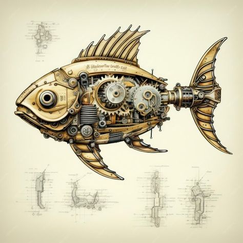 Premium AI Image | illustration Fish steampunk old paper poster look Mechanical Crafts, Steampunk Art Illustration, Steampunk Sketch, Steampunk Art Drawing, Steampunk Poster, Steampunk Workshop, Steampunk Fish, Steampunk Machine, Steampunk Printables