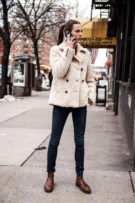 Shop this look on Lookastic:  http://lookastic.com/women/looks/beige-fur-jacket-navy-skinny-jeans-dark-brown-leather-chelsea-boots/6859  — Beige Fur Jacket  — Navy Skinny Jeans  — Dark Brown Leather Chelsea Boots Brown Chelsea Boots Outfit, Chelsea Boot Outfits Women, Dark Brown Chelsea Boots, Brown Leather Chelsea Boots, Chelsea Boots Outfit, Jeans Street Style, Brown Chelsea Boots, Boating Outfit, Looks Street Style