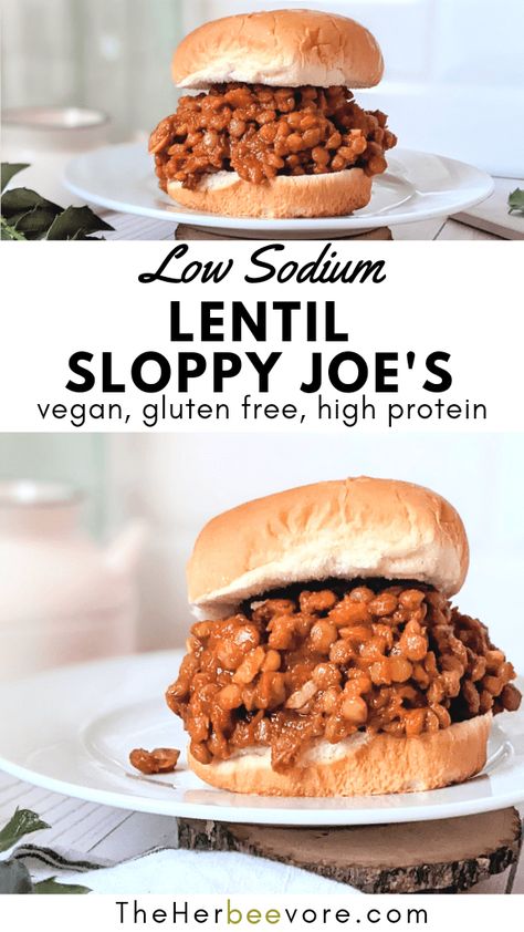 This Lentil Sloppy Joes with Canned Lentils recipe is a delicious and hearty vegetarian take on classic sloppy joes! Loaded with fresh veggies, herbs, and spices, these delicious lentil sandwiches are smothered in a sweet tomato-ey sauce. This is one low sodium dinner recipe the whole family will love! Vegan Low Sodium Recipes, Gluten Free Low Sodium Recipes, Low Sodium Lentil Recipes, Low Sodium Vegetarian Recipes, Low Sodium Vegetarian Meals, Vegan Dahl Recipe, Lentil Sloppy Joes Crockpot, Lentil Sandwich, Trader Joe’s Lentils