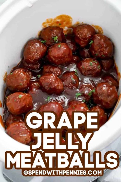 Crockpot grape jelly meatballs are a quick and easy appetizer made with just 3 simple ingredients. Whether making homemade meatballs from scratch or using frozen meatballs this appetizer is always a crowd favorite. #spendwithpennies #grapejellymeatballs #appetizer #crockpot #slowcooker #cocktailmeatballs #3ingredients Crockpot Grape Jelly Meatballs, Jelly Meatballs Crockpot, Bbq Grape Jelly Meatballs, Jelly Meatball Recipe, Grape Jelly Meatballs Recipe, Jelly Meatballs, Grape Jelly Meatballs, Sweet And Sour Meatballs, Appetizer Meatballs