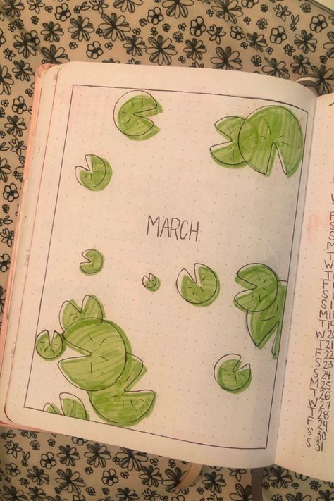 Spring, frog lily pad cover page for march in my bullet journal Cover Page Drawing Ideas, March Journal Cover Page, March Journal Spread, Spring Bullet Journal Theme, March Calendar Doodles, March Scrapbook Page, Journal March Ideas, March Reading Journal, Bujo Frog Theme