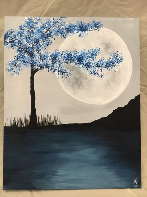 Excited to share this item from my #etsy shop: Moon Shadow #art #painting #canvas #blue #lake #moon #tree #night #FancyFolsom Moon With Acrylic Paint, Full Moon Canvas Painting, Night Art Painting Full Moon, Moon And Lake Painting, Moon With Trees Painting, Painted Bowls, Art Mini Toile, Floral Art Paintings, Shadow Painting