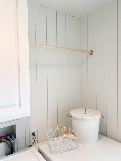 Vertical shiplap in a functional laundry room and mudroom. Check out this post for how to install the vertical shiplap and all the details on creating the affordable laundry and mudroom storage. #mudroom #shiplap #laundryroom Vertical Shiplap In Laundry Room, Laundry Room Panel Wall, Vertical Shiplap Wall Laundry Room, Paneling In Laundry Room, Vertical Shiplap Laundry Room, Laundry Room Wall Paneling, Laundry Room Paneling, Bead Board Laundry Room Walls, Laundry Room Shiplap Wall