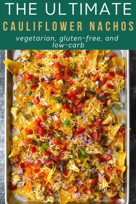 The ultimate cauliflower nachos, loaded with jalapeños, tomatoes, cheese, and crispy tortilla chips! Adding cauliflower adds more veggies and reduces the number of tortilla chips you need for a (slightly) healthier version of nachos. Cauliflower Chips, Cauliflower Nachos, Nachos Loaded, Sweet Peas And Saffron, Gluten Free Meal Prep, Roasted Olives, Vegetarian Nachos, Cheesy Nachos, Portobello Mushroom Recipes