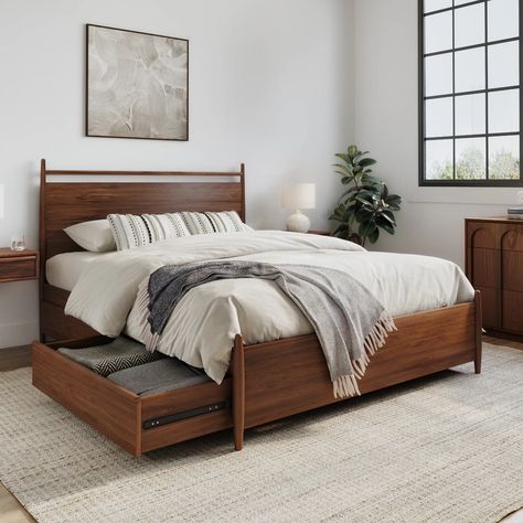 Lenia Panel Walnut Queen Storage Bed | Article Mid Century Bed Frame, Modern Storage Beds, Walnut Bed Frame, Mid Century Modern Bedroom Furniture, Mid Century Modern Storage, Walnut Bedroom, Mid Century Bed, Mid Century Modern Bed, Walnut Bed