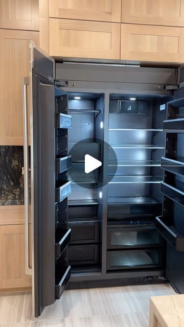 Karli Jones🦷  | design inspo + luxury dupes for less on Instagram: "ahh our refrigerator is in! I fell in love with this fridge the second I saw it. From the knurled handles to the black interior with LED lighting. 

It is panel ready but I think I want to enjoy the stainless steel for a little bit.
Do you prefer classic stainless steel or paneled fridges?

#kitcheninspiration #fridgegoals #kitchenappliances #fridgeorganization" Black Fridge Kitchen, Panel Ready Fridge, Luxury Refrigerator, Kitchen Selections, Stainless Fridge, Black Fridge, Paneled Refrigerator, Panel Ready Refrigerator, Black Fridges