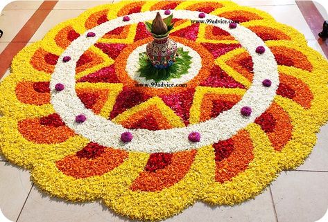 Onam Floral Design, Flower Rongali Design, Onam Flower Rangoli Design, Diwali Floral Rangoli, Onam Simple Pookalam, Pookolam Design Simple, പൂക്കളം Design, Big Flower Rangoli Designs, Rangoli Flowers Designs Ideas