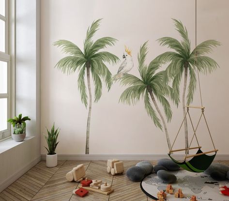 Tropical Wall Stickers, Tropical Wall Decals, Tropical Leaves Wallpaper, Space Themed Room, Palm Trees Painting, Nursery Mural, Kids Wall Decals, Sticker Mural, Leaf Wallpaper