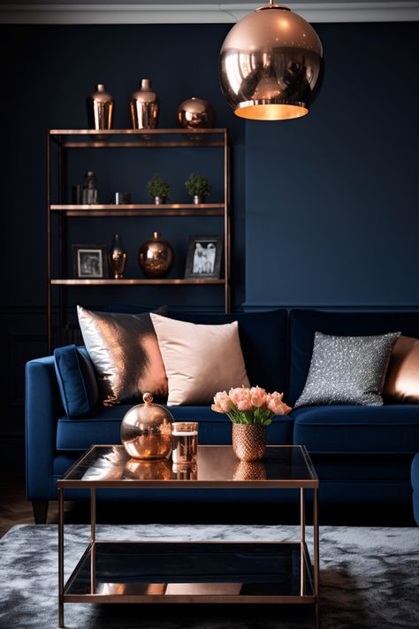 Blue Velvet Sofa Living Room, Blue And Gold Living Room, Blue Sofa Living, Copper Living Room, Blue Sofas Living Room, Velvet Sofa Living Room, Idea Bedroom, Navy Living Rooms, Lights Room