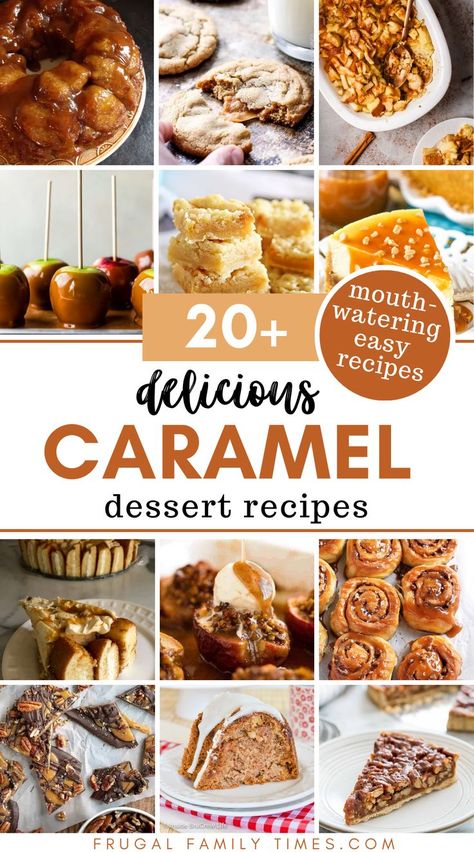 If you're looking for crowd pleasing baking - you can go wrong with caramel dessert recipes! There is so much to love about caramel treats. Here's you'll find a collection of easy caramel desserts to please your family and guests. No fail. Included are caramel recipes for: monkey bread, stuffed cookies, caramel apples, bars, candy, nut tart, cheesecake, pie, chocolate bark, dip and more! Recipes That Use Carmel Sauce, Christmas Carmel Desserts, Carmel Treat Recipes, What To Make With Caramel Squares, Desserts With Caramel Squares, Snacks With Caramel, Carmel Marshmellow Treats, Best Caramel Dessert Recipes, Desserts With Caramel Bits