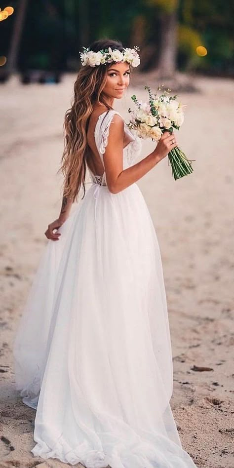 51 Beach Wedding Dresses Perfect For Destination Weddings ❤  beach wedding dresses a line low back summer romantic alexveil #weddingforward #wedding #bride Beach Wedding Dress Open Back, Hawaiian Wedding Dress, Simple Wedding Dress Beach, Simple Beach Wedding, Renewal Vows, Romantic Beach Wedding, Summer Beach Wedding, Beach Wedding Dress Boho, Wedding Renewal