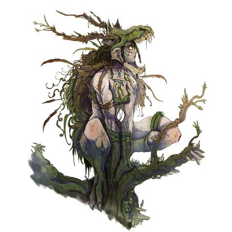 Forest Spirit Concept Art, Half Dryad Dnd, Half Plant Half Human Art, D&d Dryad, Forest Fae Character Design, Wild Shape Druid, Antler Tiefling, Mother Nature Character Design, Tree Person Character Design