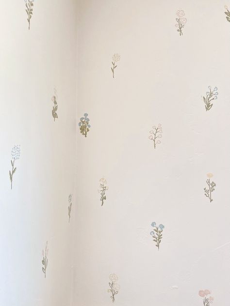 Wall Stencils in June's Room — Hannah Westby Handpainted Nursery Wall, Painted Stencil Wall, Nursery Stencil Wall, Flower Stencil Wall, Hand Painted Nursery, Wall Paint Stencil Ideas, Baby Murals Nursery, Stenciled Nursery Wall, Hand Painted Flower Wall Pattern