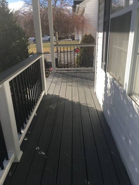 Small Wood Front Porch Ideas, Small Deck On Front Of House, Small Narrow Deck Ideas, Small Front Porch Ideas With Railing, L Shape Front Porch Ideas, Styling A Long Front Porch, Shallow Front Porch Ideas, Front Deck Makeover, Front Porch No Railing Ideas