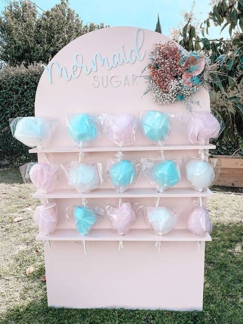 It's a Shell-abration! | CatchMyParty.com Cotton Candy Wall, Mermaid Birthday Party Ideas, Candy Wall, Cotton Candy Party, Mermaid Birthday Party Decorations, Mermaid Theme Birthday Party, Candy Birthday Party, Candy Theme, Birthday Party Theme Decorations