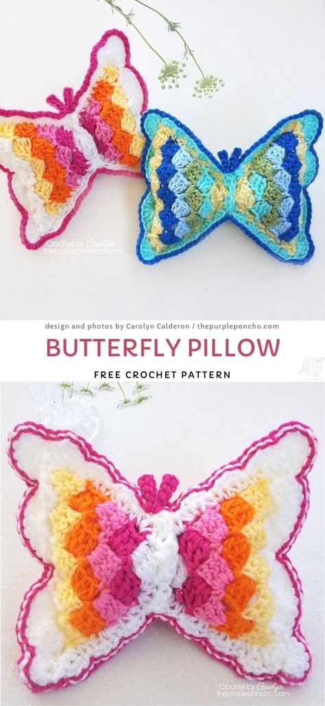 Crochet Butterfly Pillow Free Pattern, Crochet Butterfly Pillow, Crochet Butterfly Free Pattern, Crochet Furniture, Crochet Pillow Patterns Free, Crocheted Things, Crochet Butterfly Pattern, Leftover Yarn, Pillow Crochet